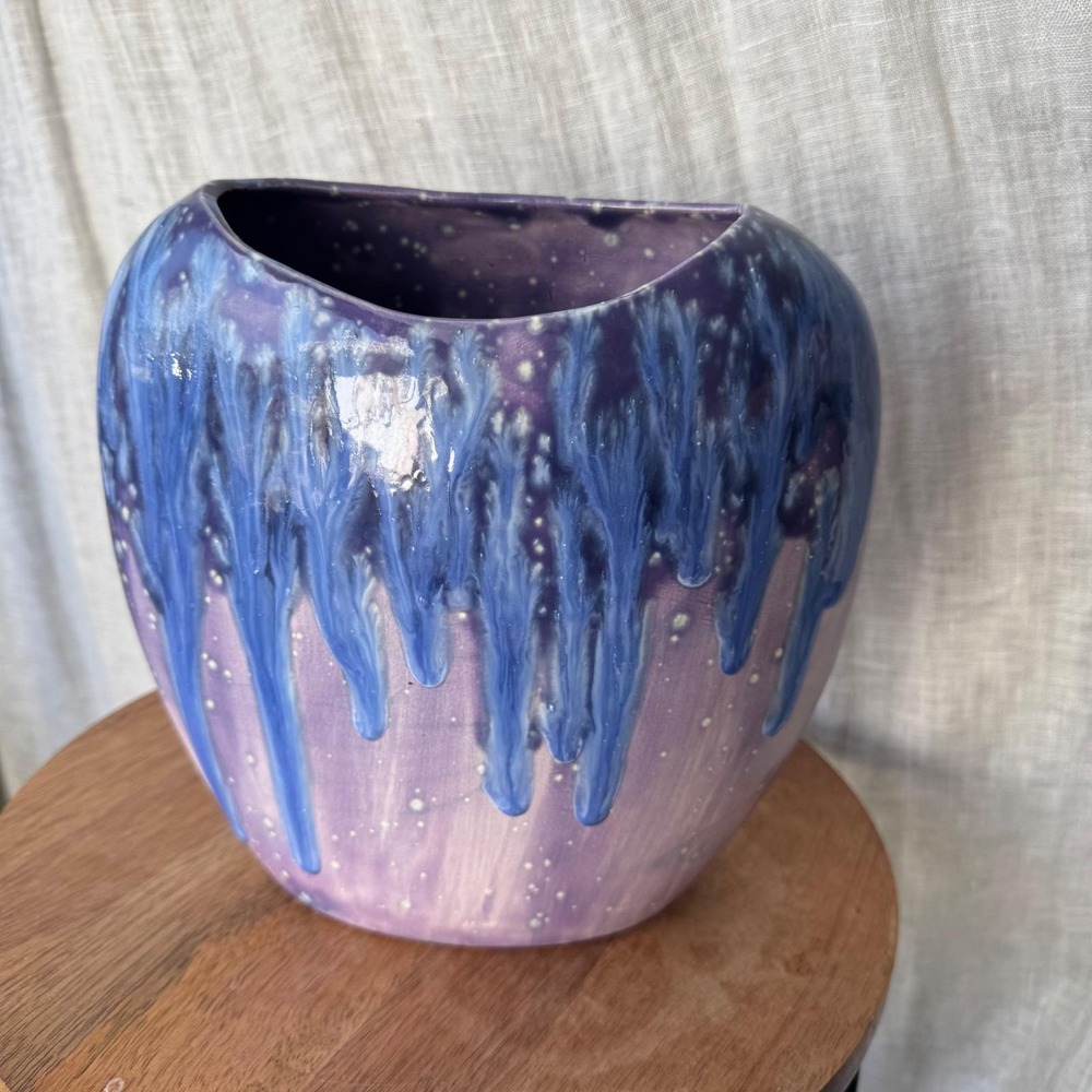 Vintage Signed Studio Pottery Vase Drip Glaze Purple Blue Galaxy Cosmic 90s 8in
